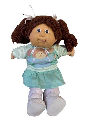 Cabbage Patch Kids 1986 Doll Original Outfit & Shoes Brown Yarn Hair Blue Eyes